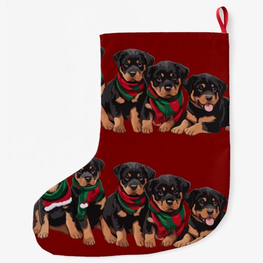 Merry Chrismutts Rottweiler Puppies dragen sjaal Grote Kerstsok (Achterkant)