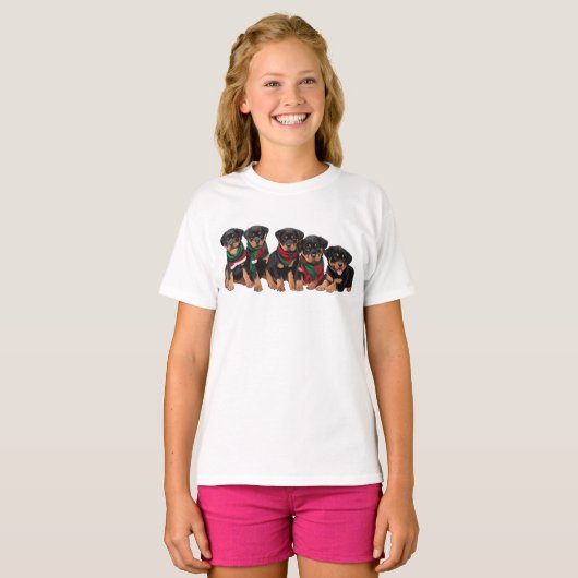 Merry Chrismutts Rottweiler Puppies dragen sjaal T-shirt (Voorkant volledig)