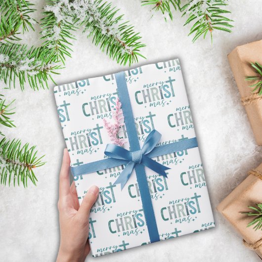 Merry Christ mas Christelijk Religious Boho Blue Cadeaupapier