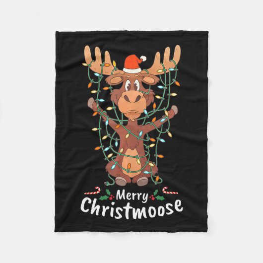 Merry Christeland kerstmis Moose Xmas Tree Lights Fleece Deken (Voorkant)