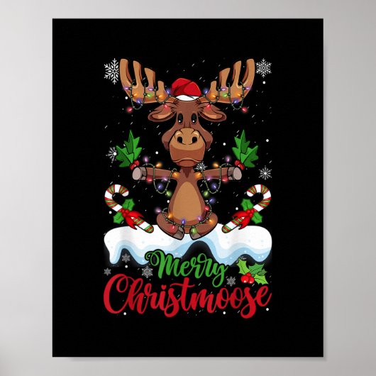 Merry Christeland kerstmis Moose Xmas Tree Lights Poster (Voorkant)