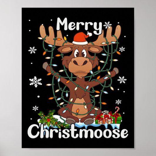 Merry Christeland kerstmis Moose Xmas Tree Lights Poster (Voorkant)