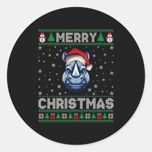 Merry Christmas 2025 Rhino Santa Hat Ugly Xmas Lon Ronde Sticker (Voorkant)