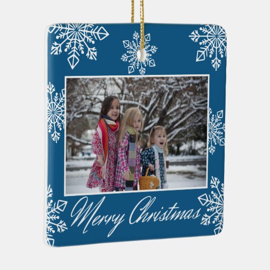 Merry Christmas 2 Photo Blue And White Snowflakes  Keramisch Ornament (Rechts)