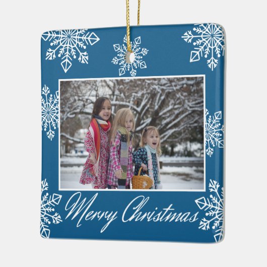 Merry Christmas 2 Photo Blue And White Snowflakes  Keramisch Ornament (Links)