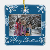 Merry Christmas 2 Photo Blue And White Snowflakes  Keramisch Ornament (Voorkant)