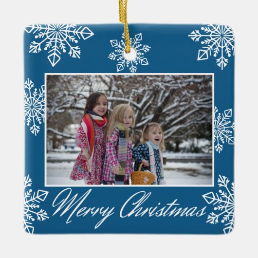 Merry Christmas 2 Photo Blue And White Snowflakes  Keramisch Ornament (Voorkant)