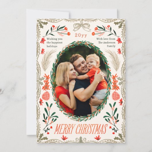 Merry Christmas 2 Photo Coquette Botanical Floral Feestdagenkaart (Voorkant)