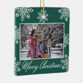 Merry Christmas 2 Photo Green And White Snowflakes Keramisch Ornament (Rechts)