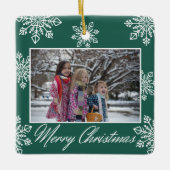 Merry Christmas 2 Photo Green And White Snowflakes Keramisch Ornament (Voorkant)