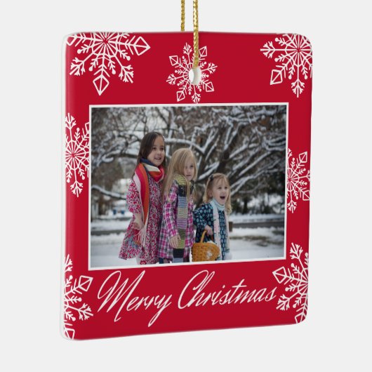 Merry Christmas 2 Photo Red And White Snowflakes Keramisch Ornament (Rechts)