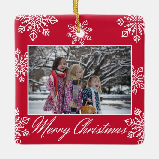 Merry Christmas 2 Photo Red And White Snowflakes Keramisch Ornament (Voorkant)
