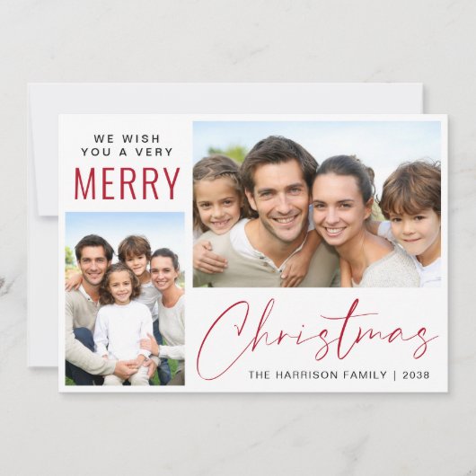 Merry Christmas 2 Photo Red Script Feestdagenkaart (Voorkant)