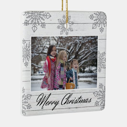 Merry Christmas 2 Photo Wood Silver Snowflakes  Keramisch Ornament (Rechts)