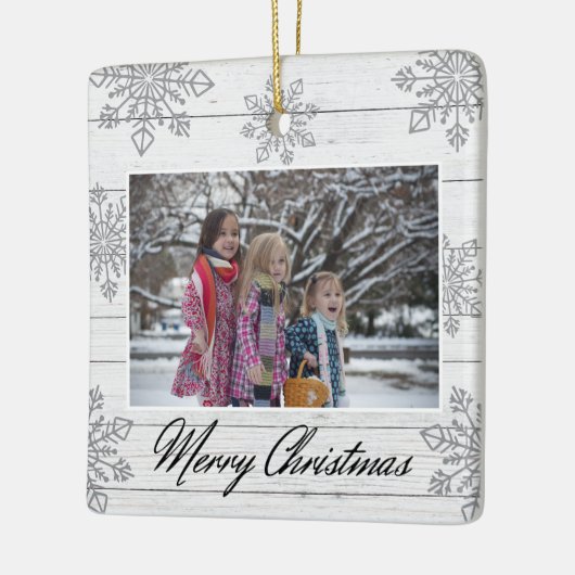Merry Christmas 2 Photo Wood Silver Snowflakes Keramisch Ornament (Links)