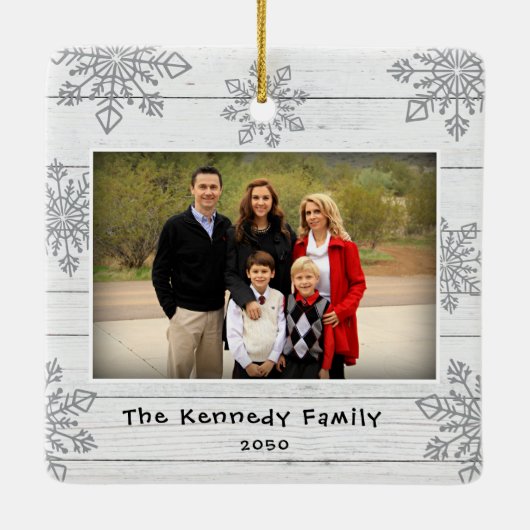 Merry Christmas 2 Photo Wood Silver Snowflakes  Keramisch Ornament (Achterkant)