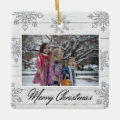 Merry Christmas 2 Photo Wood Silver Snowflakes Keramisch Ornament (Voorkant)
