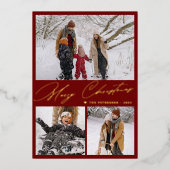 Merry Christmas 3 foto collage elegant rood goud Folie Feestdagenkaart (Voorkant)