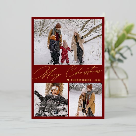 Merry Christmas 3 foto collage elegant rood goud Folie Feestdagenkaart (Staand Voorkant)