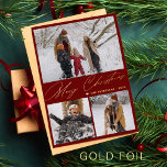 Merry Christmas 3 foto collage elegant rood goud Folie Feestdagenkaart<br><div class="desc">Elegante luxe minimalistische gouden folie en rode 3 familie foto's chique vrolijke kerstkalligrafie script vakantie kaart sjabloon met sms-bericht.              Eenvoudig te personaliseren met je afbeeldingen en tekst aan beide kanten.</div>
