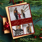 Merry Christmas 3 foto collage elegant rood goud Folie Feestdagenkaart