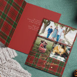 Merry Christmas 3 foto collage plaid gevouwen Feestdagen Kaart<br><div class="desc">Elegante stijlvolle Merry Christmas faux gouden klassieke kalligrafie script drie familie foto's rustieke rode groene plaid tartan opvouwbare vakantie kaart met uw aangepaste gepersonaliseerde sms.</div>