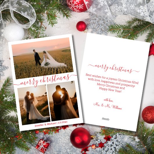 Merry Christmas 3 foto's Collage bruiloft rood Feestdagenkaart