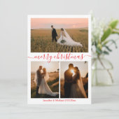 Merry Christmas 3 foto's Collage bruiloft rood Feestdagenkaart (Staand voorkant)
