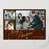Merry Christmas 3 foto's elegant script rode plaid Folie Feestdagenkaart (Voorkant)