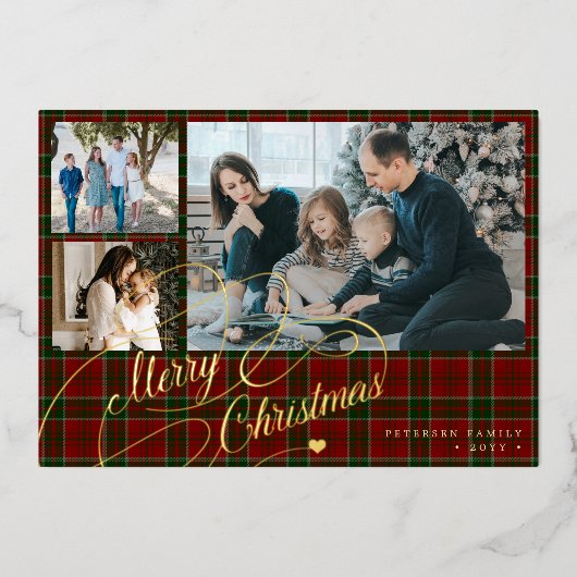 Merry Christmas 3 foto's elegant script rode plaid Folie Feestdagenkaart (Voorkant)