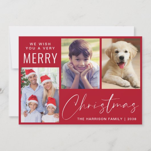 Merry Christmas 3 Fotoscript Rood Feestdagenkaart (Voorkant)