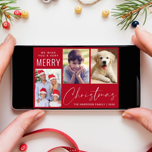 Merry Christmas 3 Fotoscript Rood Feestdagenkaart