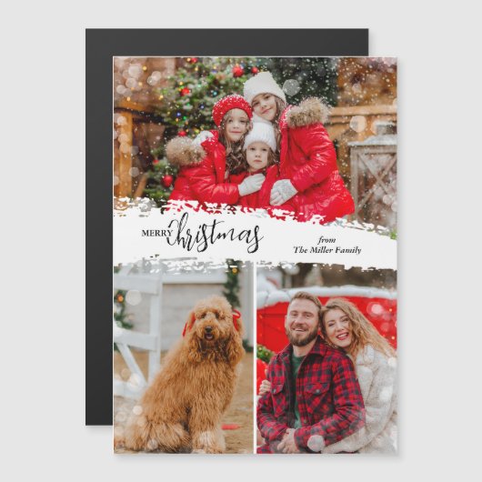 Merry Christmas 3 Photo Magnetic Holiday Card (Voorkant / Achterkant)