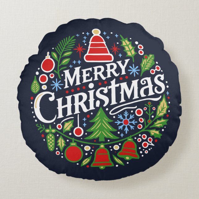 Merry Christmas 3 Rond Kussen (Voorkant)