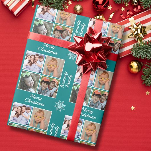 Merry Christmas 4 Photo Collage Family Name Teal Cadeaupapier