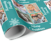 Merry Christmas 4 Photo Collage Family Name Teal Cadeaupapier (Rol Hoek)
