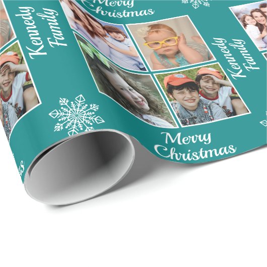 Merry Christmas 4 Photo Collage Family Name Teal Cadeaupapier (Rol Hoek)