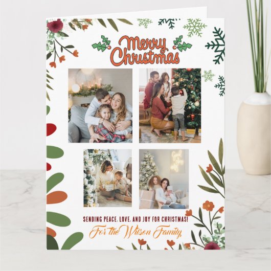 Merry Christmas 4 Photo Collage Green Holiday Card Kaart (Voorkant)