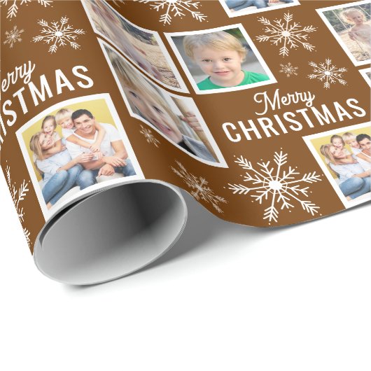 Merry Christmas 4 Photos Snowflake Christmas Brown Cadeaupapier (Rol Hoek)