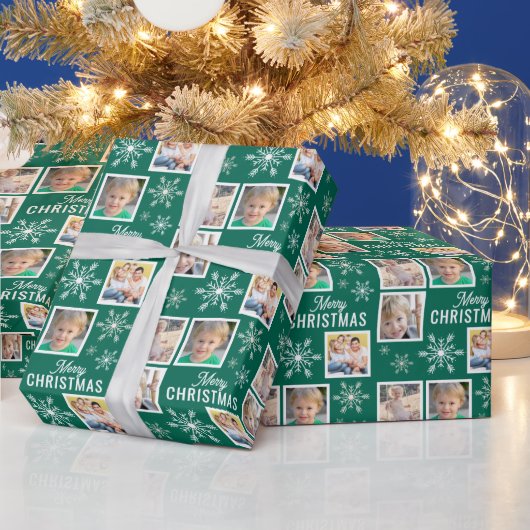 Merry Christmas 4 Photos Snowflake Christmas Green Cadeaupapier (Feestdagen)