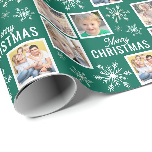 Merry Christmas 4 Photos Snowflake Christmas Green Cadeaupapier (Rol Hoek)