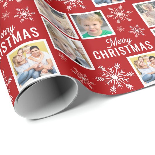 Merry Christmas 4 Photos Snowflake Christmas Red Cadeaupapier (Rol Hoek)