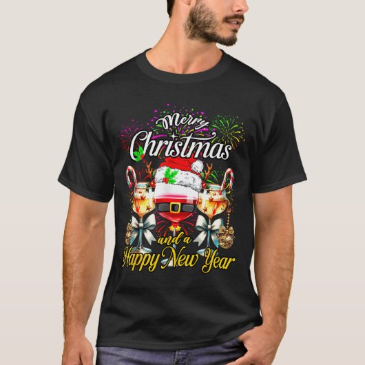 Merry Christmas And A Happy New Year Firework Wine T-shirt (Voorkant)