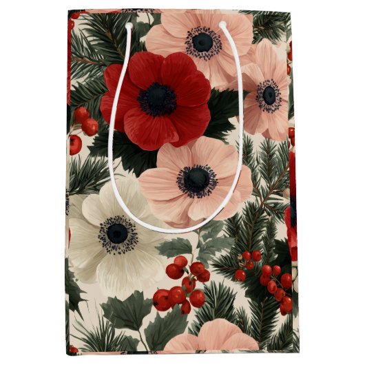 Merry Christmas Anemone Floral Background holiday Medium Cadeauzakje (Voorkant)