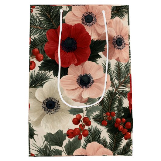 Merry Christmas Anemone Floral Background holiday Medium Cadeauzakje (Achterkant)