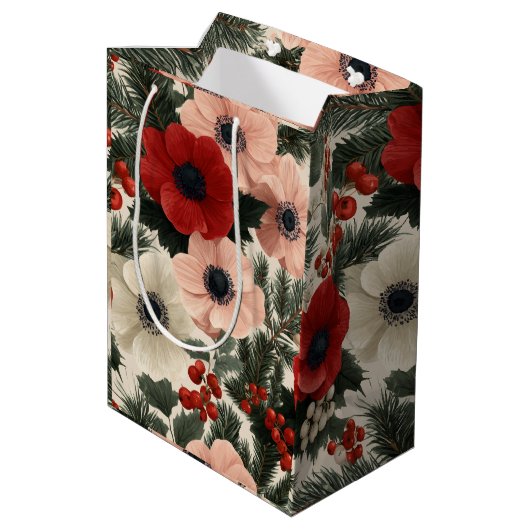 Merry Christmas Anemone Floral Background holiday  Medium Cadeauzakje (Achterkant Gekanteld)