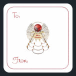 Merry Christmas Angel - Cadeau Labels op Stickers<br><div class="desc">Cadeau labels op stickers gemaakt met Digitale kunst van een metalen filigraan met edelstenen die een plaquette vasthouden met de boodschap 'Vrolijk kerstfeest' op een witte achtergrond. De woorden "To:" en "From:" zijn gedrukt met ruimte om namen te schrijven.</div>