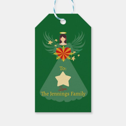 Merry Christmas Angel Green Gepersonaliseerde naam Cadeaulabel (Voorkant)