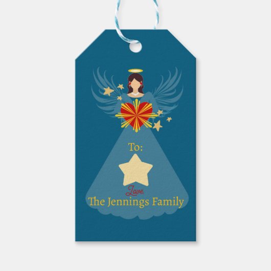 Merry Christmas Angel Sterren Blauw Gepersonalisee Cadeaulabel (Voorkant)