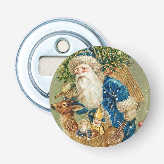 Merry Christmas, Antique Card, Santa and Reindeer Button Flesopener (Voorkant)
